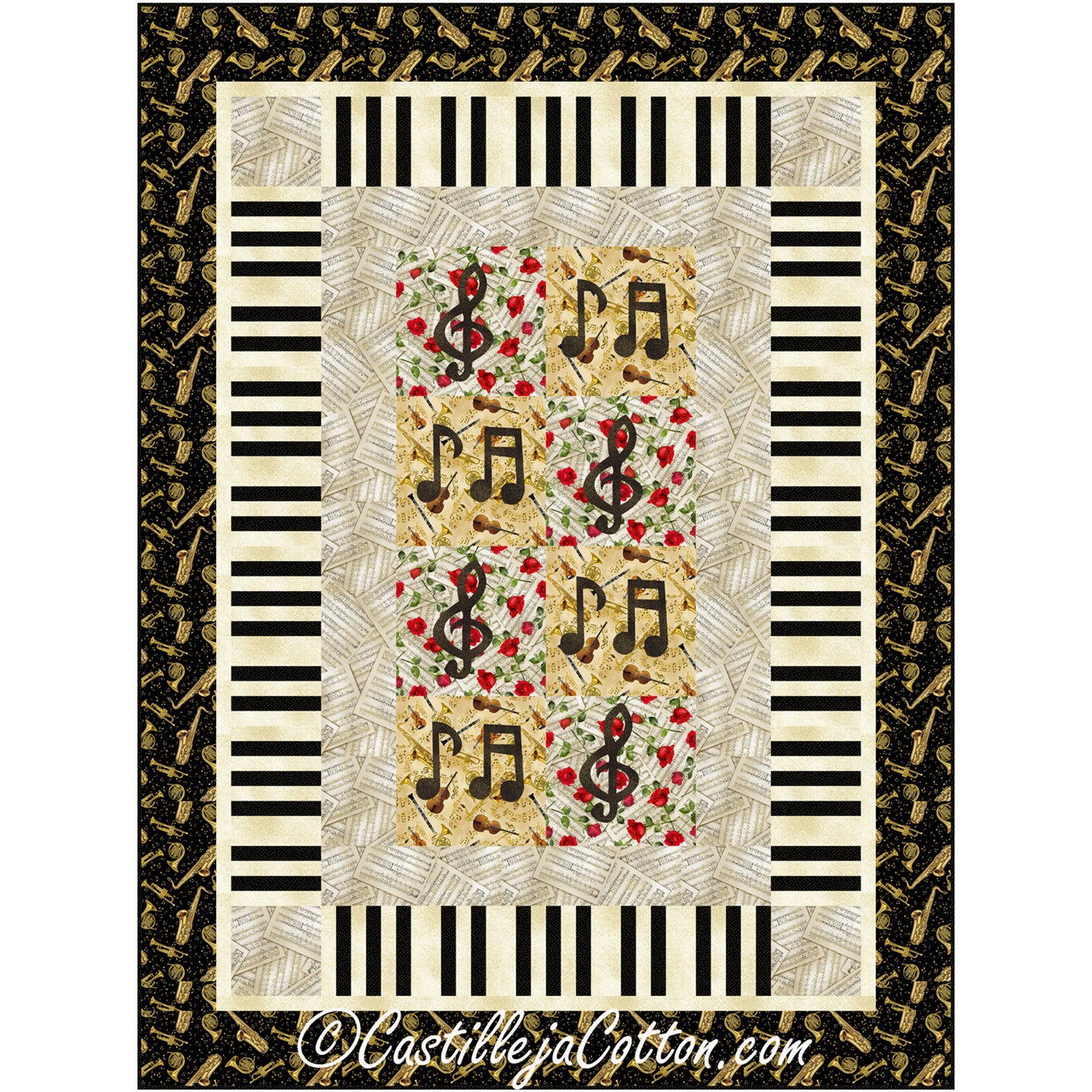 Music quilt includes music notes and cleft on blocks of musical fabric with a piano keyboard border followed by a final border of musical instruments.