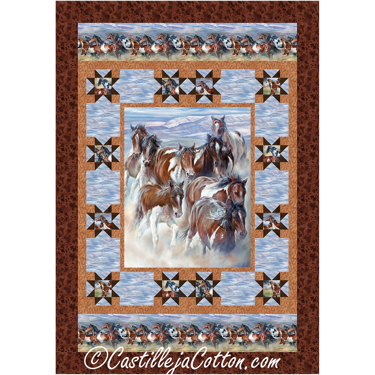 A colorful quilt featuring horses riding, showcasing intricate stitching and vibrant patterns.