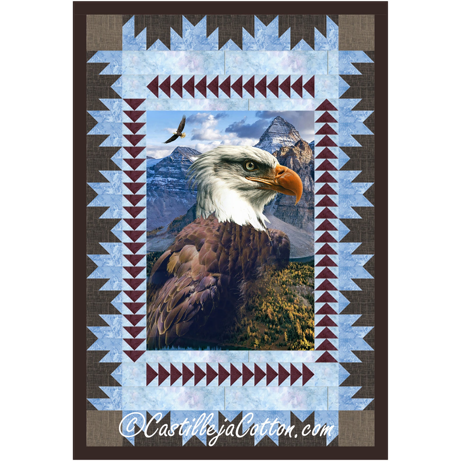 Magnificent bald eagle is the focal point of this quilt with snow-covered mountains and a soaring eagle in the background. The quilt is bordered by brown triangles in blue and blue straight wave with a final border of brown. 