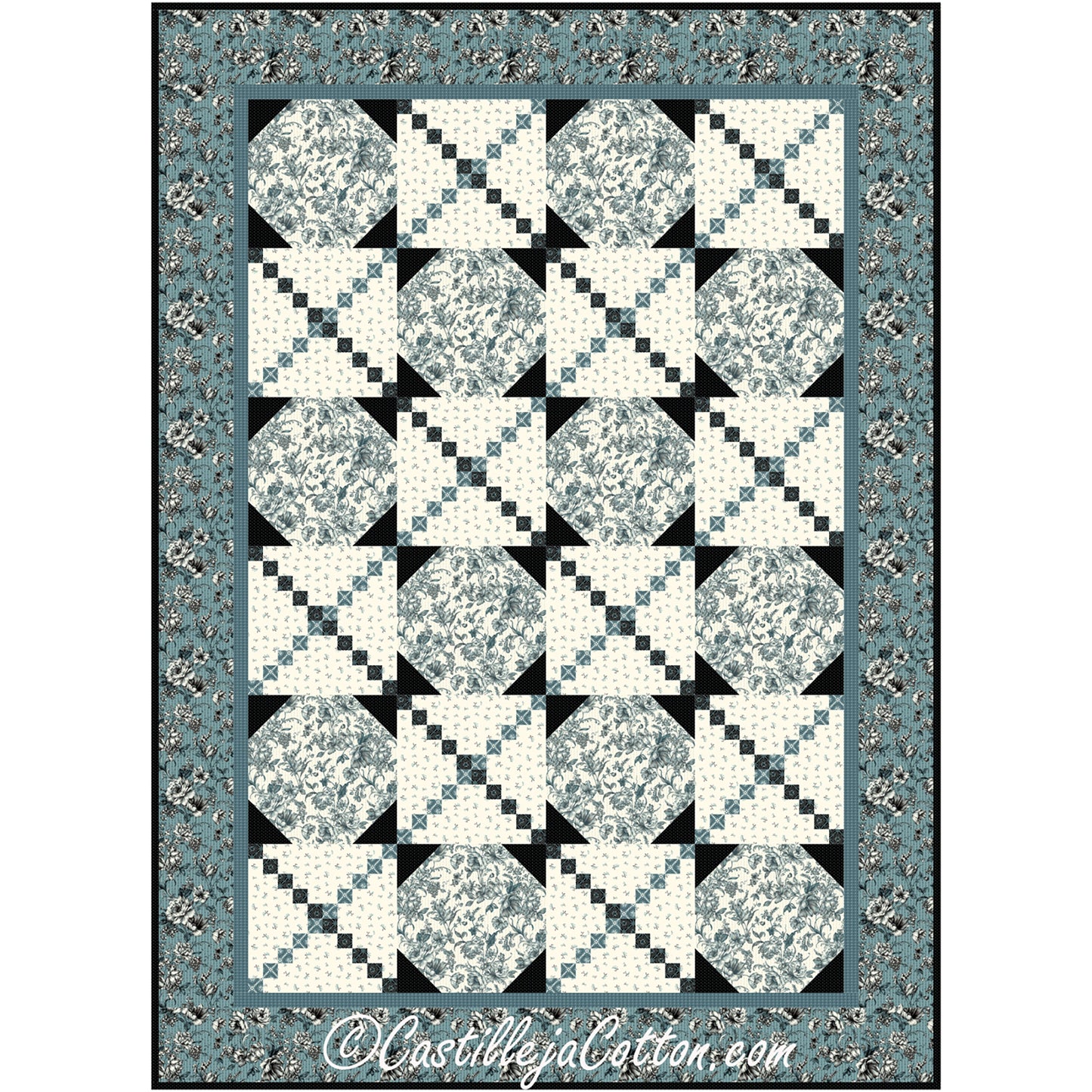 A cozy blue, black and cream quilt adorned with a square pattern, perfect for enhancing warmth and style in a room.