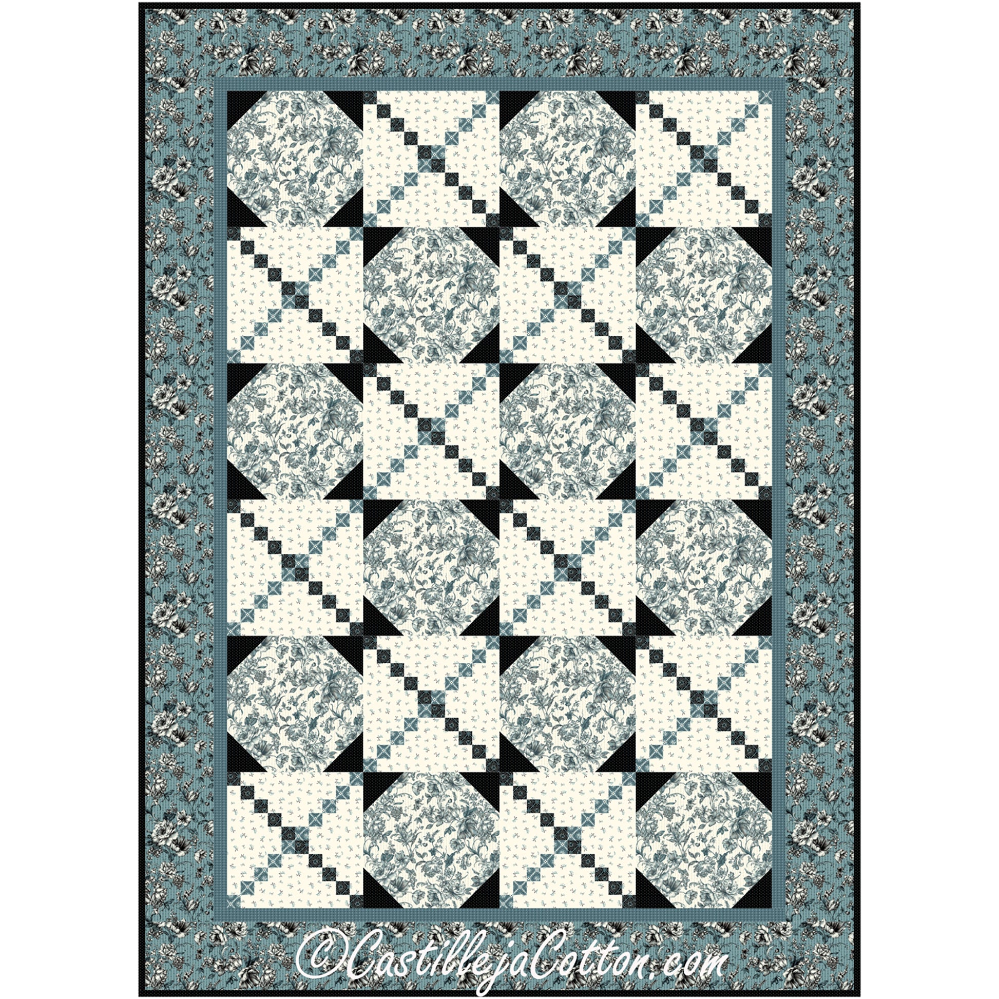 A cozy blue, black and cream quilt adorned with a square pattern, perfect for enhancing warmth and style in a room.