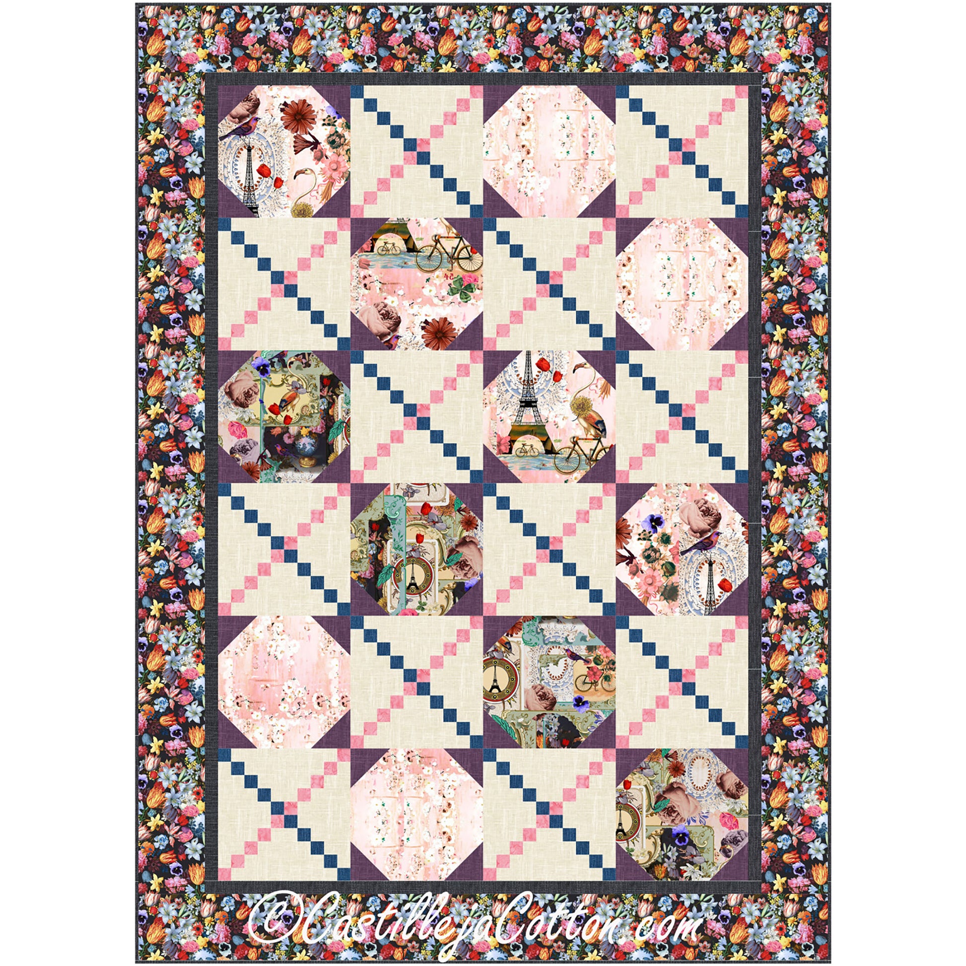 Paris Ovals and Chains quilt features oval blocks alternated with a chain block. Alternate blocks have paris prints.