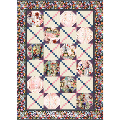 Paris Ovals and Chains quilt features oval blocks alternated with a chain block. Alternate blocks have paris prints.