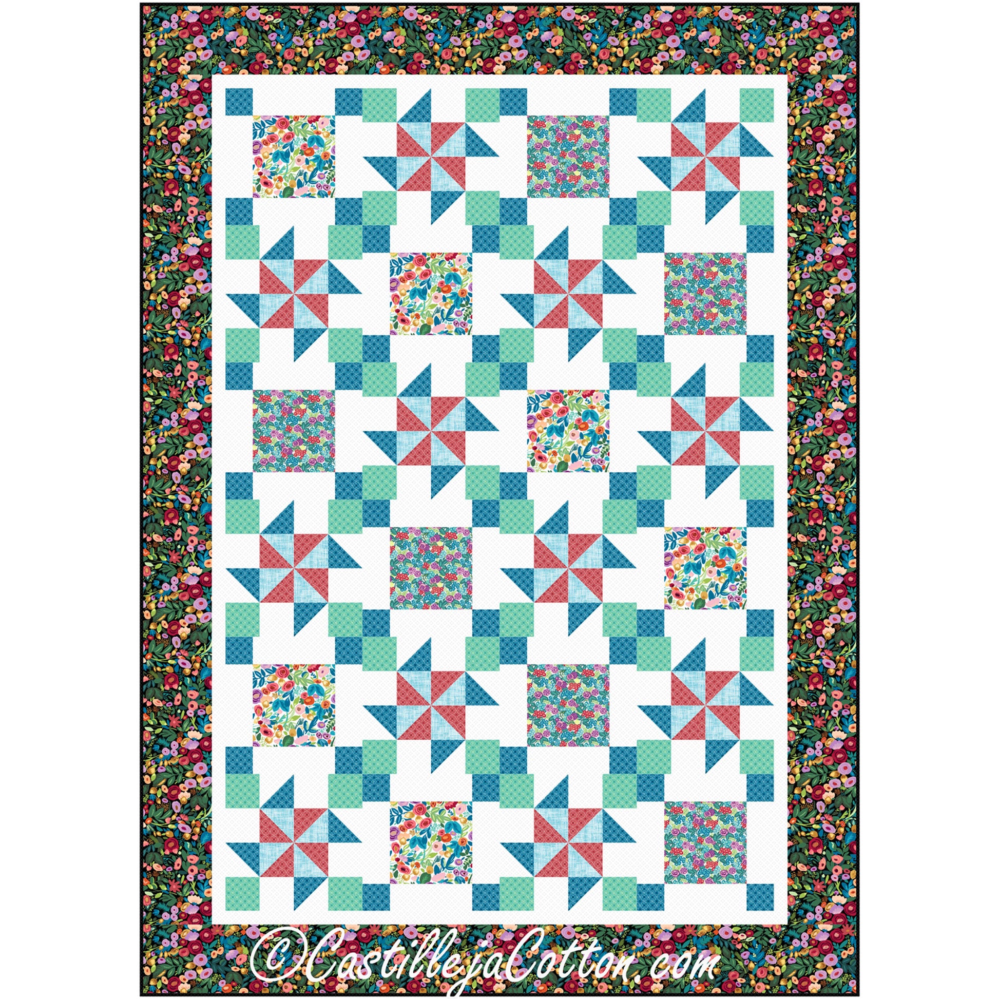 Fun quilt features multiple elements including pinwheels, squares and side-by-side blocks and floral print border.