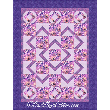 A vibrant quilt pattern with a square pattern in shades of purple and pink.