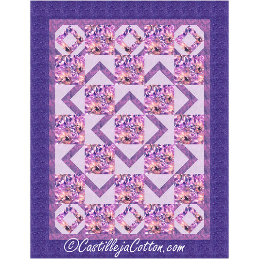 A vibrant quilt pattern with a square pattern in shades of purple and pink.