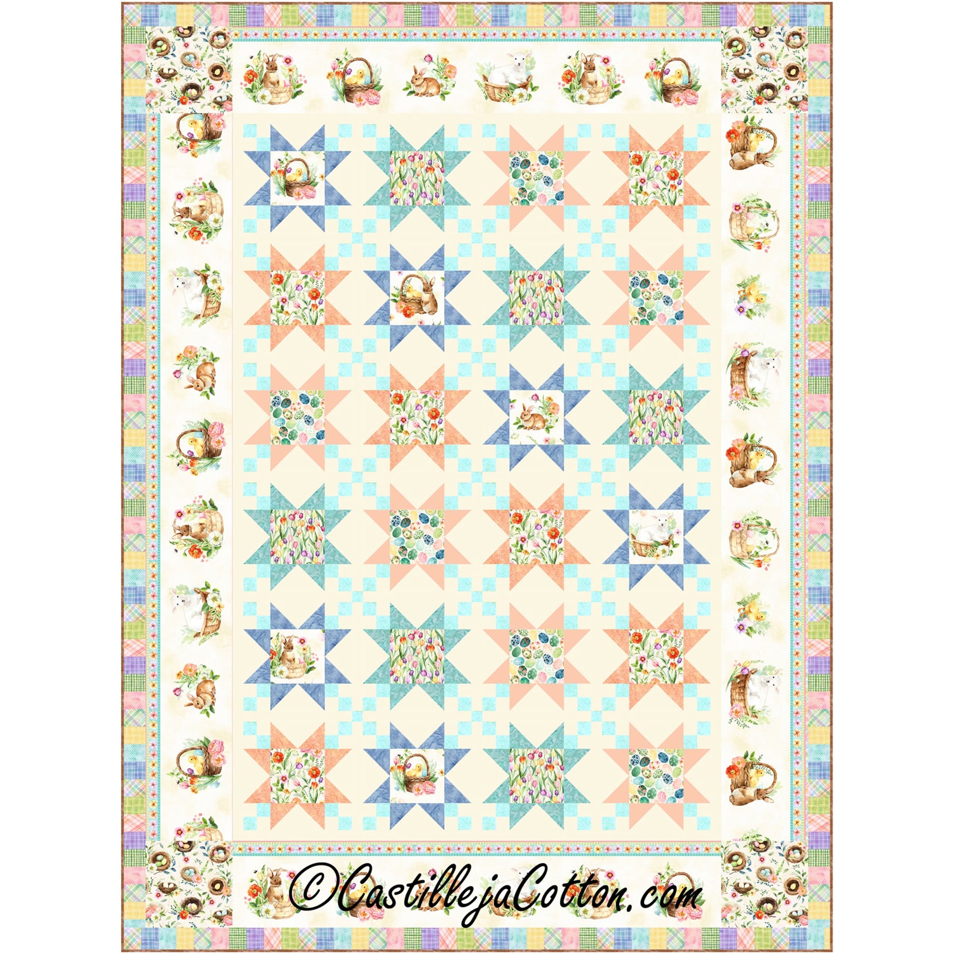 Star quilt pattern using Easter and spring fabric and border of additional Easter and spring fabric. In lovely pastels.