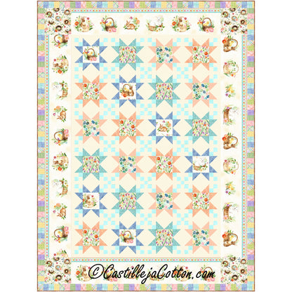 Star quilt pattern using Easter and spring fabric and border of additional Easter and spring fabric. In lovely pastels.