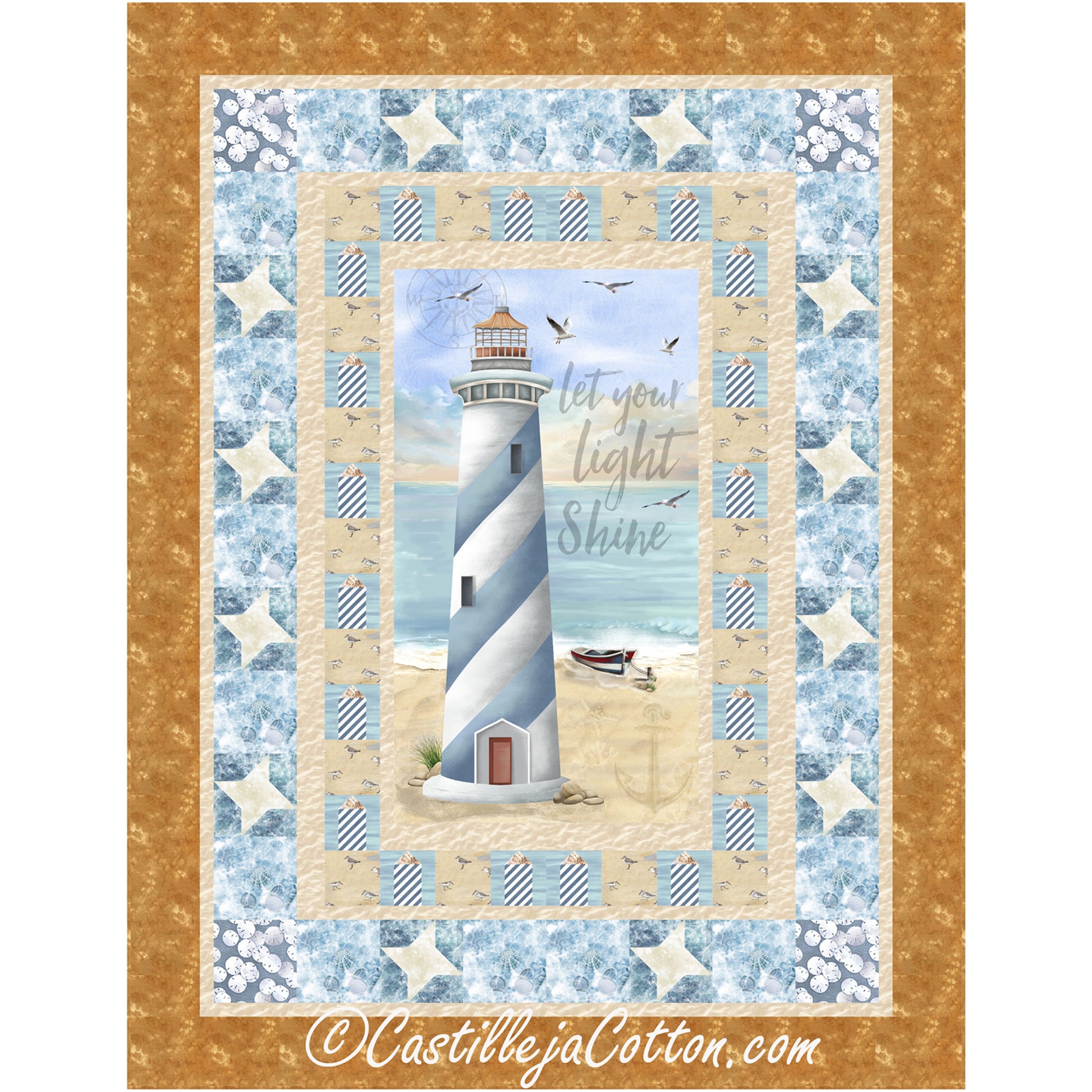 Center fabric panel quilt featuring a lighthouse on a sandy beach surrounded by borders made from simple blocks and pieced stars.