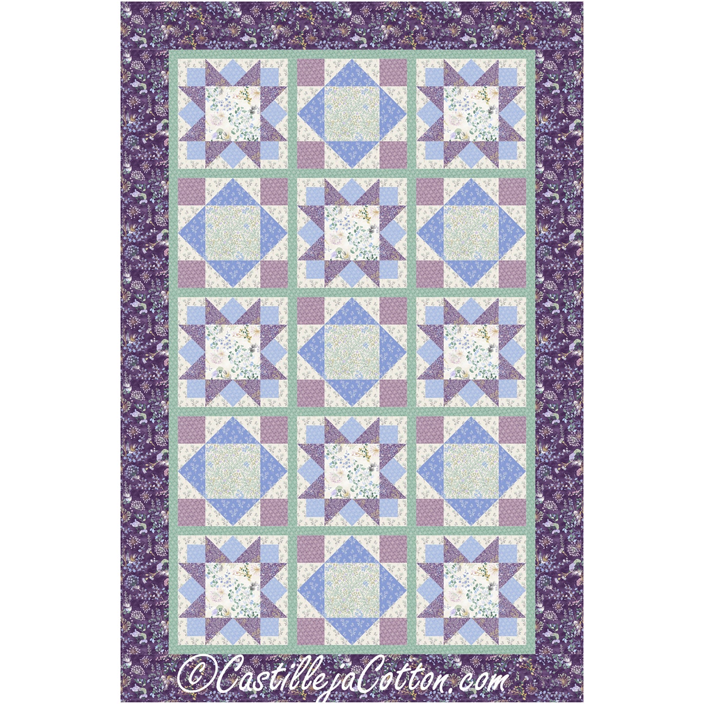 Beautiful quilt in purple, blue, green, and cream with squares of Ohio Stars and diamonds. Both have fabric inside making it a fun design.