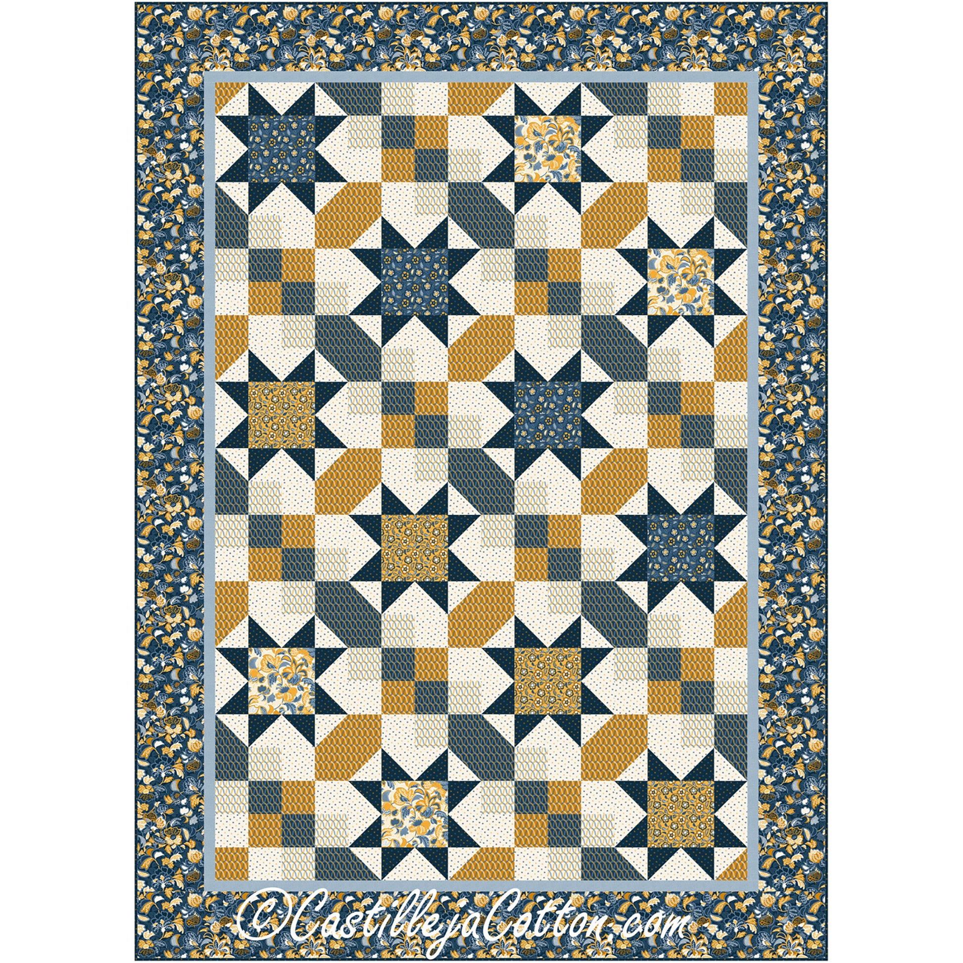 Quilt in navy, gold, and cream features stars with colorful middles and other elements including four patch blocks.