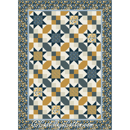 Quilt in navy, gold, and cream features stars with colorful middles and other elements including four patch blocks.