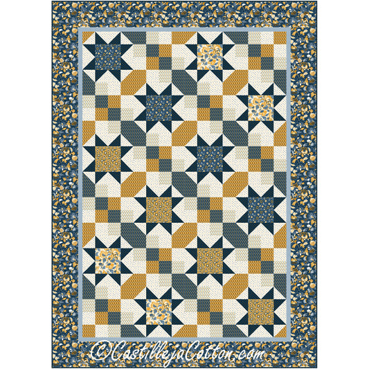 Quilt in navy, gold, and cream features stars with colorful middles and other elements including four patch blocks.