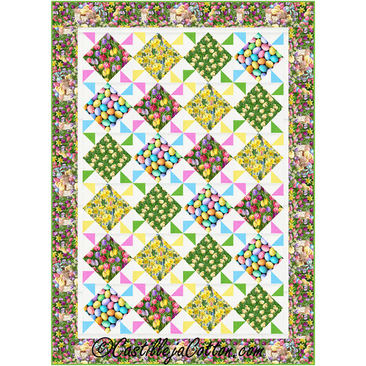 Beautiful quilt pattern is bright and colorful like Spring or Easter. Pastel colors and large blocks on point with colorful eggs, tulips, chicks in the grass, and daisies. Between are colorful pastel pinwheels.