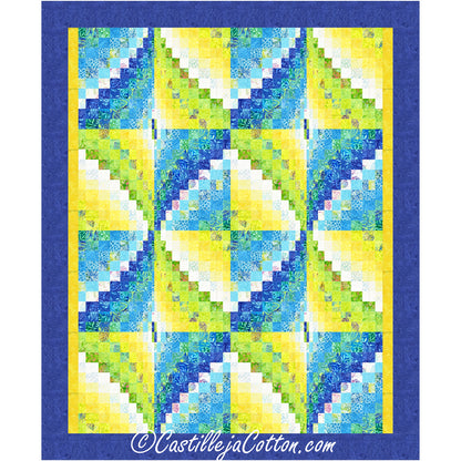 A vibrant bargello quilt featuring a harmonious design in blue, yellow, and green hues. Diamonds side-by-side design.