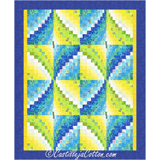 A vibrant bargello quilt featuring a harmonious design in blue, yellow, and green hues. Diamonds side-by-side design.