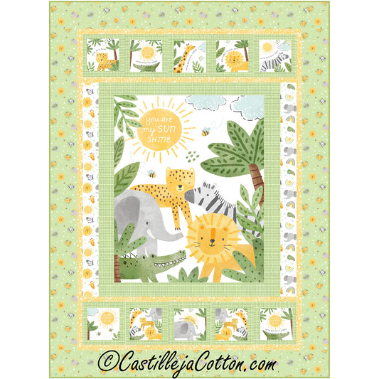 A bright quilt featuring a jungle scene adorned with various animals in yellow and green.