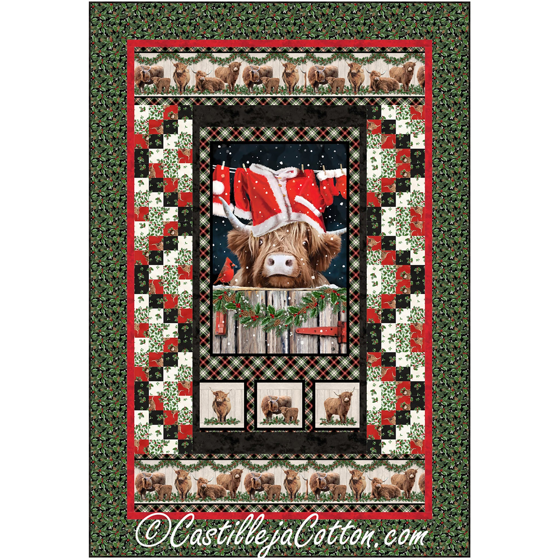 A festive Christmas quilt featuring a highland cow behind a clothes line which has red with white trimmed jack, hat and gloves hanging.