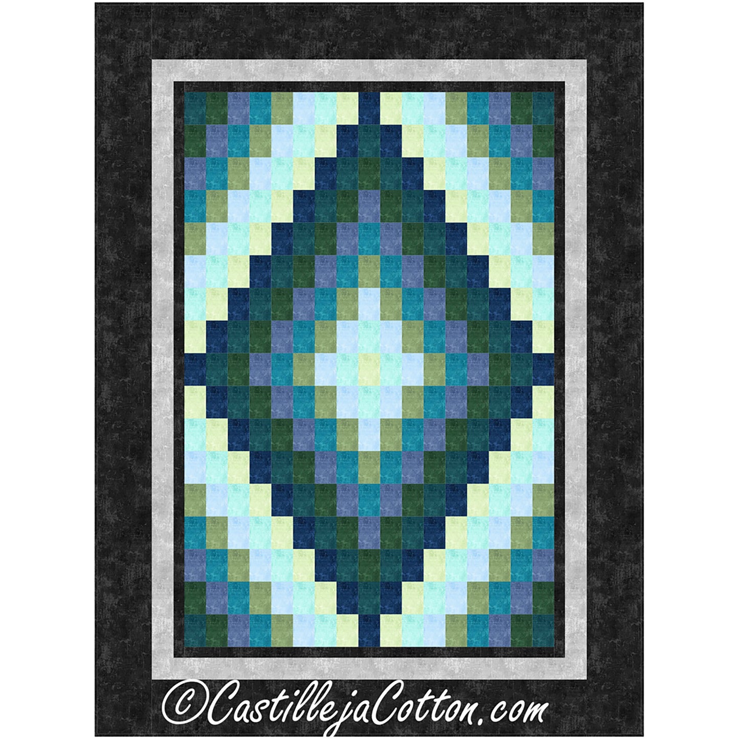 A decorative quilt with an eye-catching blue and green diamond pattern in Bargello style.