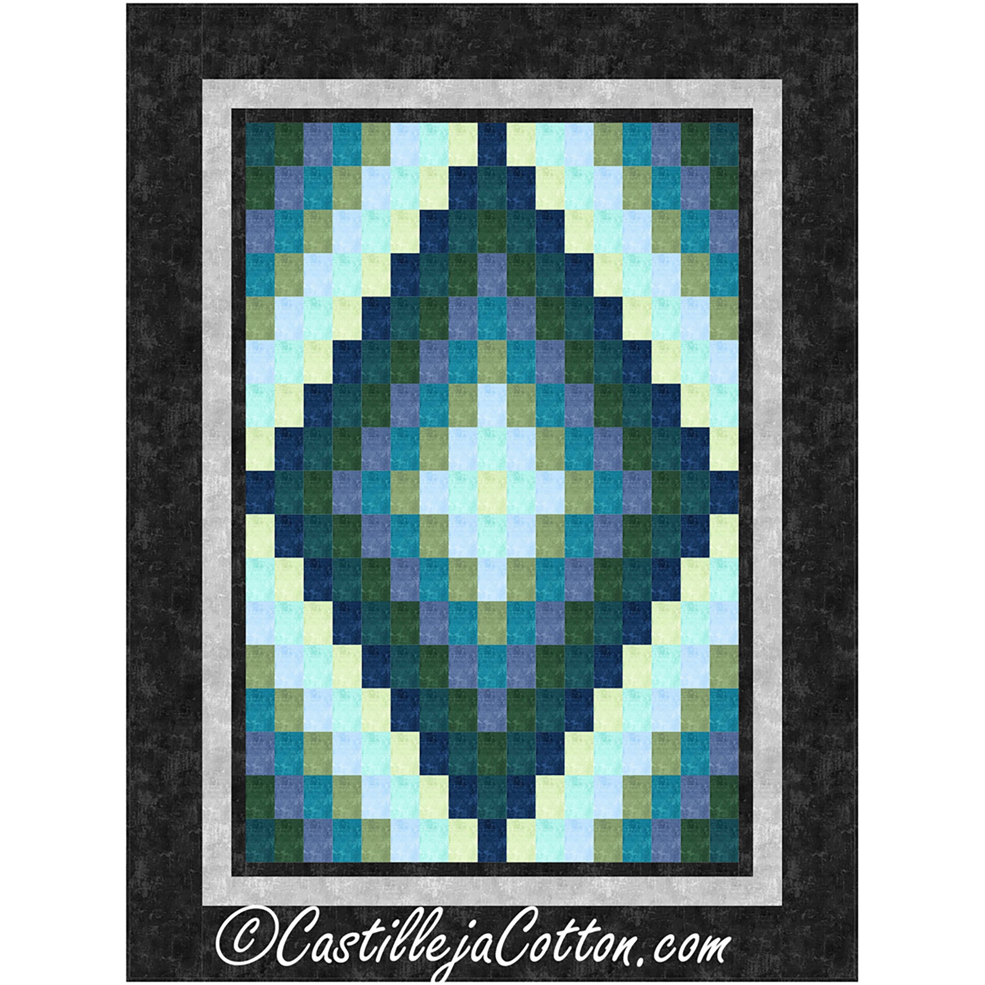 A decorative quilt with an eye-catching blue and green diamond pattern in Bargello style.