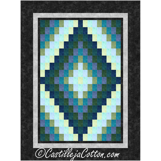 A decorative quilt with an eye-catching blue and green diamond pattern in Bargello style.