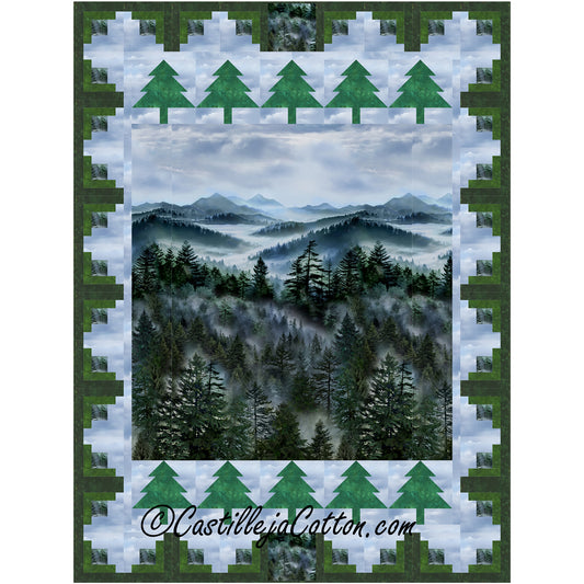 Beautiful quilt features a misty mountain with pine tree border on the top and bottom.