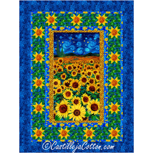 Sunflower Symphony quilt features a Van Gogh type sunflower panel with pieced sunflower borders.