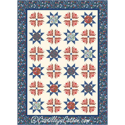 Small log cabin flower blocks alternating with a star block to make this beautiful Petit Flowers and Stars quilt.