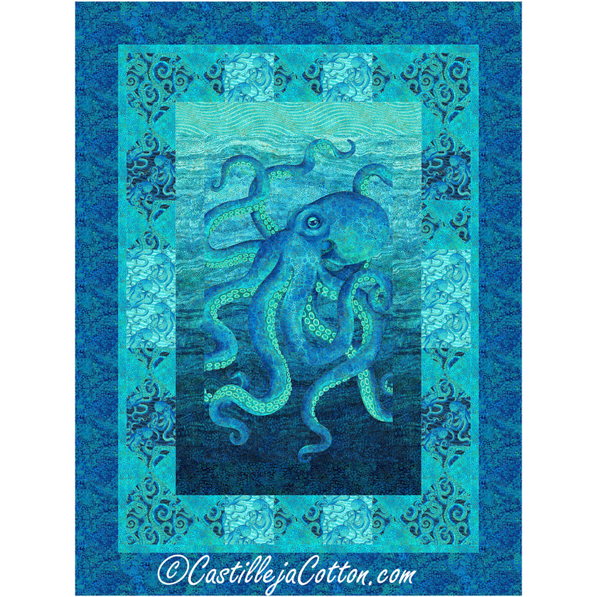 Blue quilt features a realistic octopus in the middle with a simple border to enhance the panel in the middle.