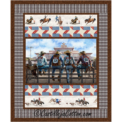 Cowboy and rodeo lovers quilt features an image of four cowboys (one a cowgirl) on a fence watching a rodeo. There is a border of white stars on blue background with red pluses and another row of cowboys riding horses.