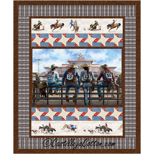 Cowboy and rodeo lovers quilt features an image of four cowboys (one a cowgirl) on a fence watching a rodeo. There is a border of white stars on blue background with red pluses and another row of cowboys riding horses.