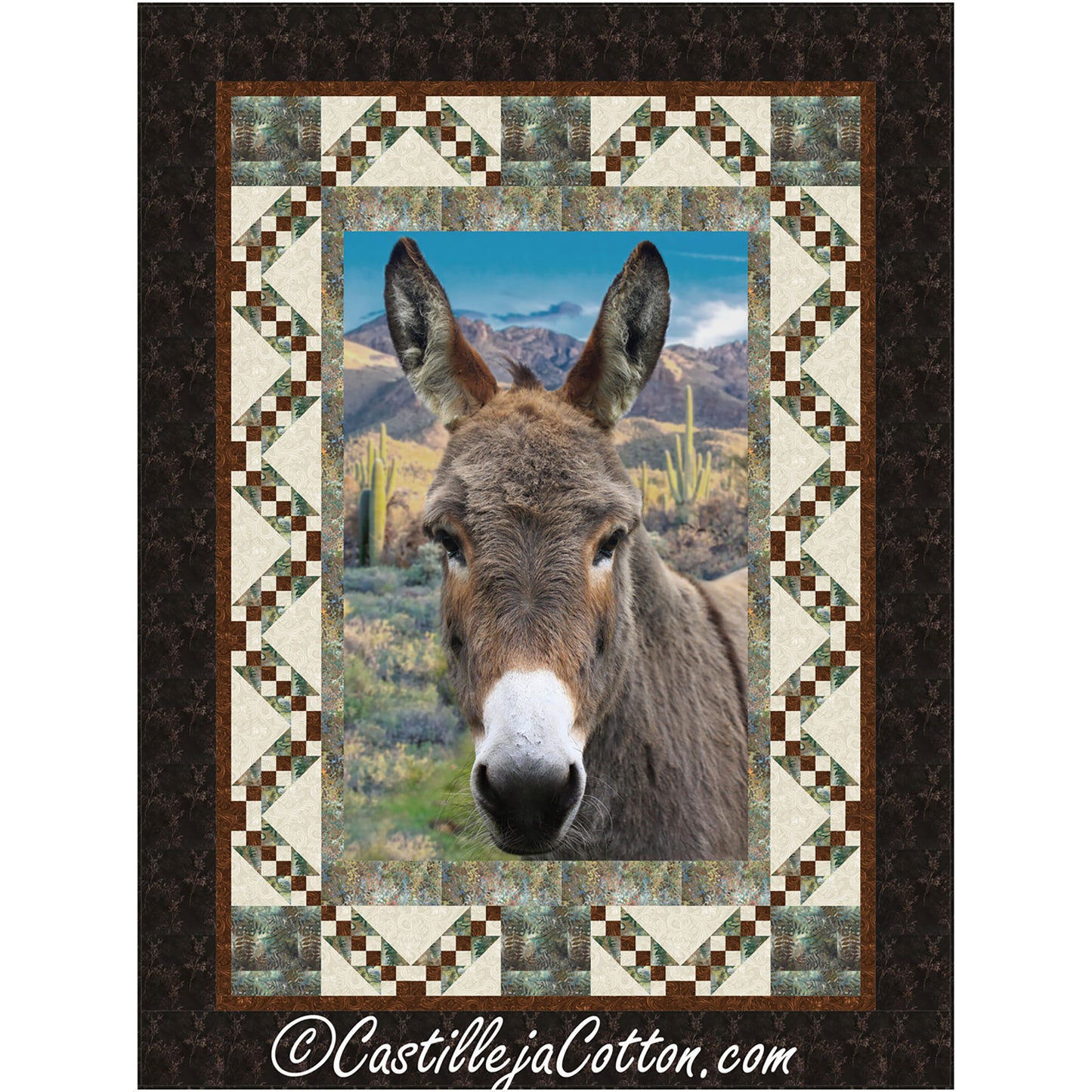 Adorable donkey looks out at your from this quilt. In the background there are mountains and cacti. There is a cute snaking border that helps the browns and greens from the donkey image pop.  There are two more borders - a thin brown and a wider darker brown.