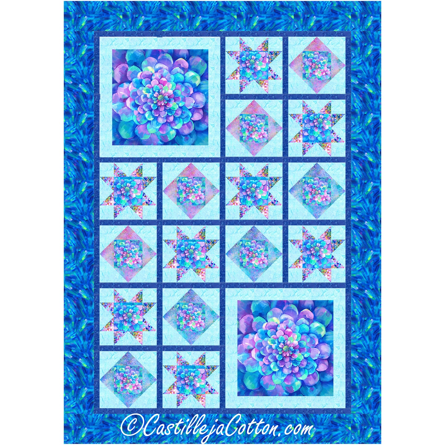 Vibrant blue and purple quilt features two large flowers on the bottom right and top left. The rest of the quilt has smaller blocks broken up with dark blue to form blocks which house either a diamond or an ohio star inside with the same blue and purple colors of the larger flowers. The background color is light blue and there is final dark blue and green border.