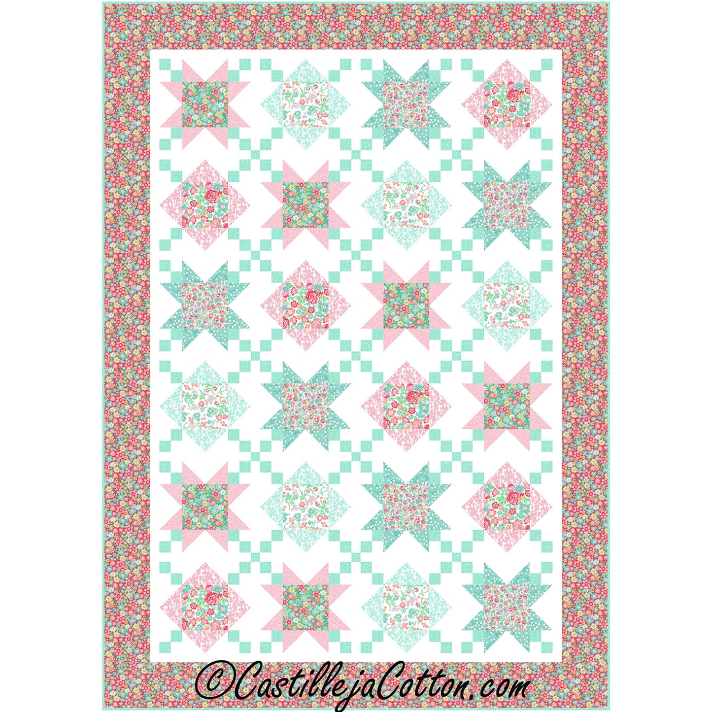 Chained Blooms quilt features star blocks with a simple alternating blocks with chains between the block.