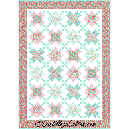 Chained Blooms quilt features star blocks with a simple alternating blocks with chains between the block.