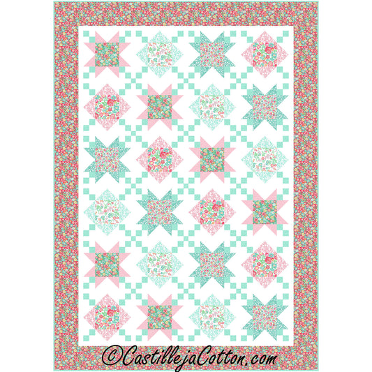 Chained Blooms quilt features star blocks with a simple alternating blocks with chains between the block.