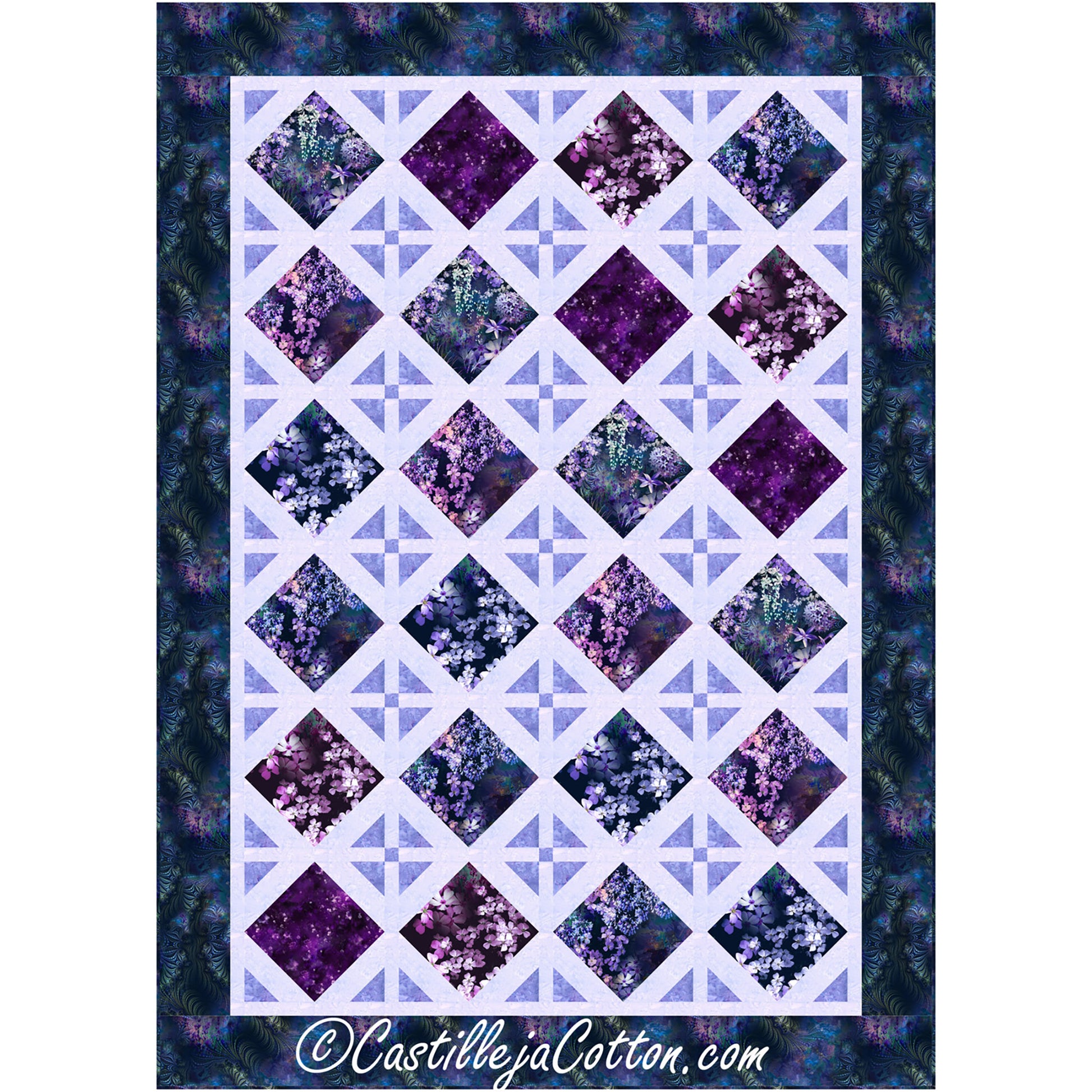 Bright quilt features diamond design. Half of the diamonds are filled with fabric in purple flowers. The other half are decorative diamonds made of triangles pointed in with a small square in the middle.