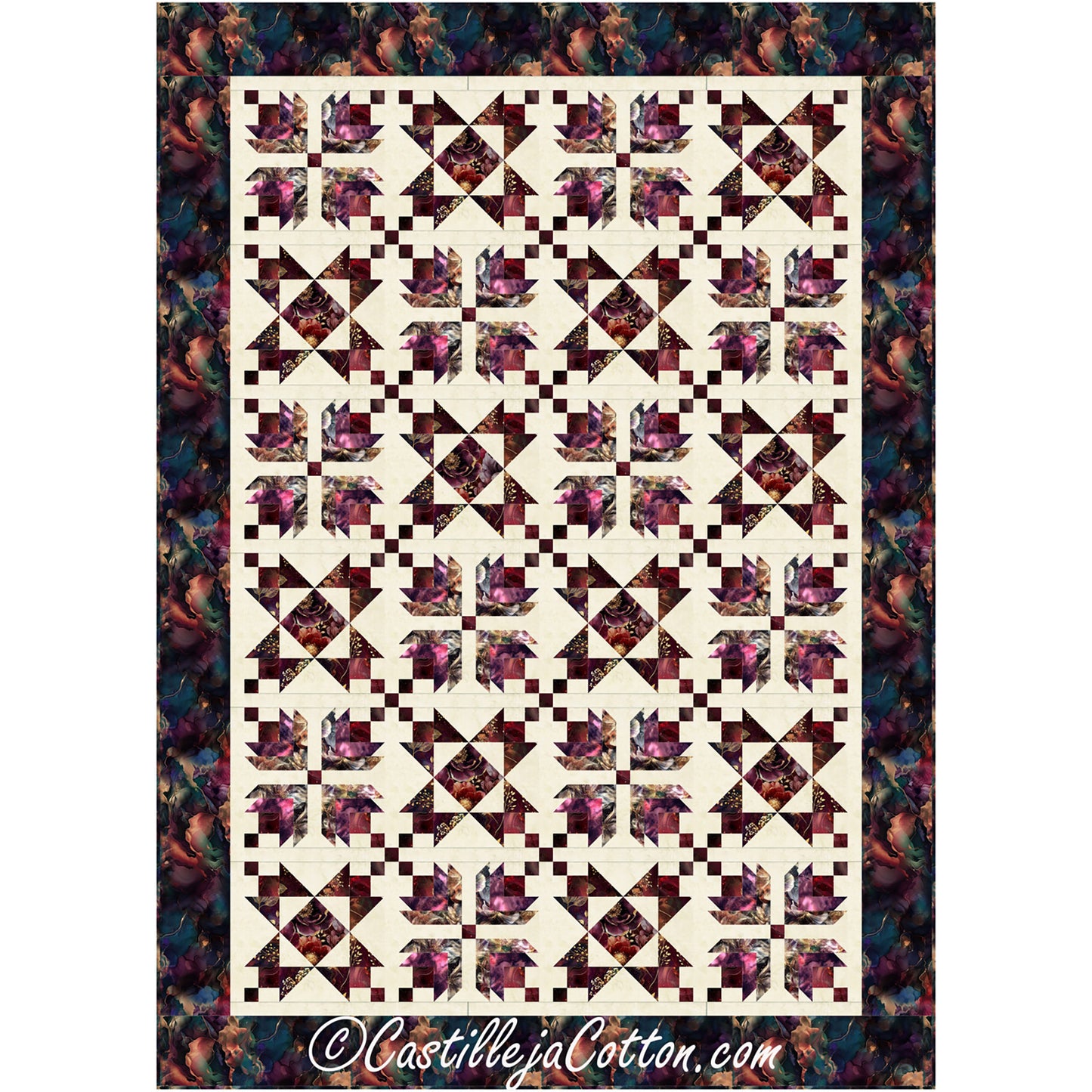 Midnight Flowers and Stars quilt features petit flower blocks alternating with star blocks.