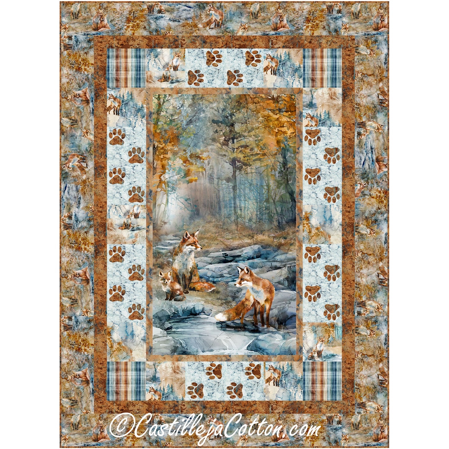 Foxies on the Prowl quilt features three foxies panel with paw print borders alternating with motif blocks. 