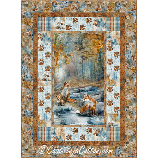 Foxies on the Prowl quilt features three foxies panel with paw print borders alternating with motif blocks. 