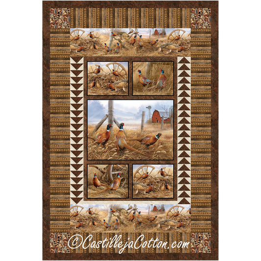 Quilt in browns with a number of images of pheasants on a farm.