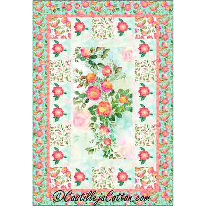 Roses Galore quilt features a beautiful rose panel with applique rose flowers. 