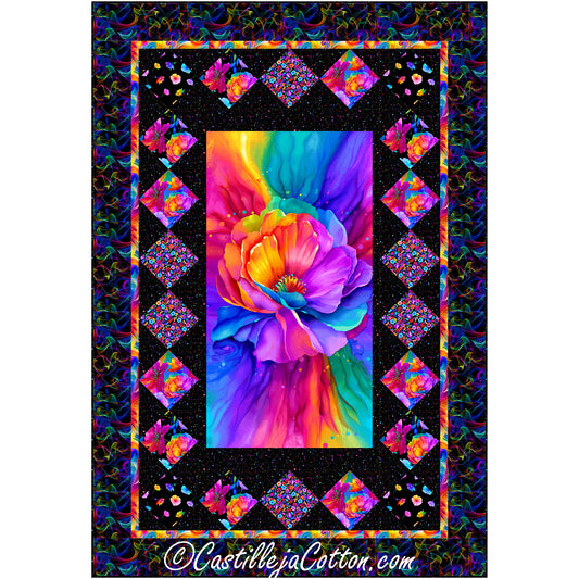 Bleeding Flowers quilt features a flower panel with simple block borders. 