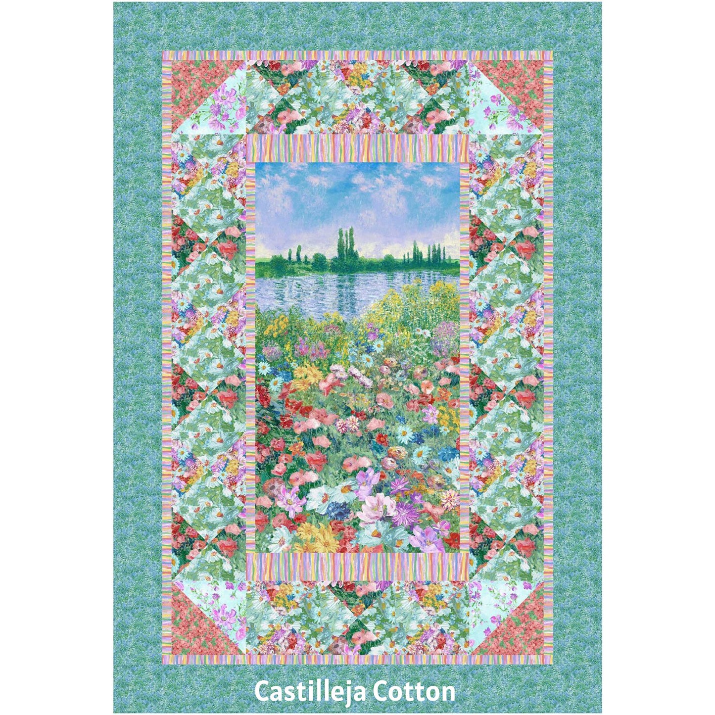 Blooming Impression quilt features a beautiful floral panel with a simple, pieced border.  The border has a lattice feel though they are just hourglass blocks.