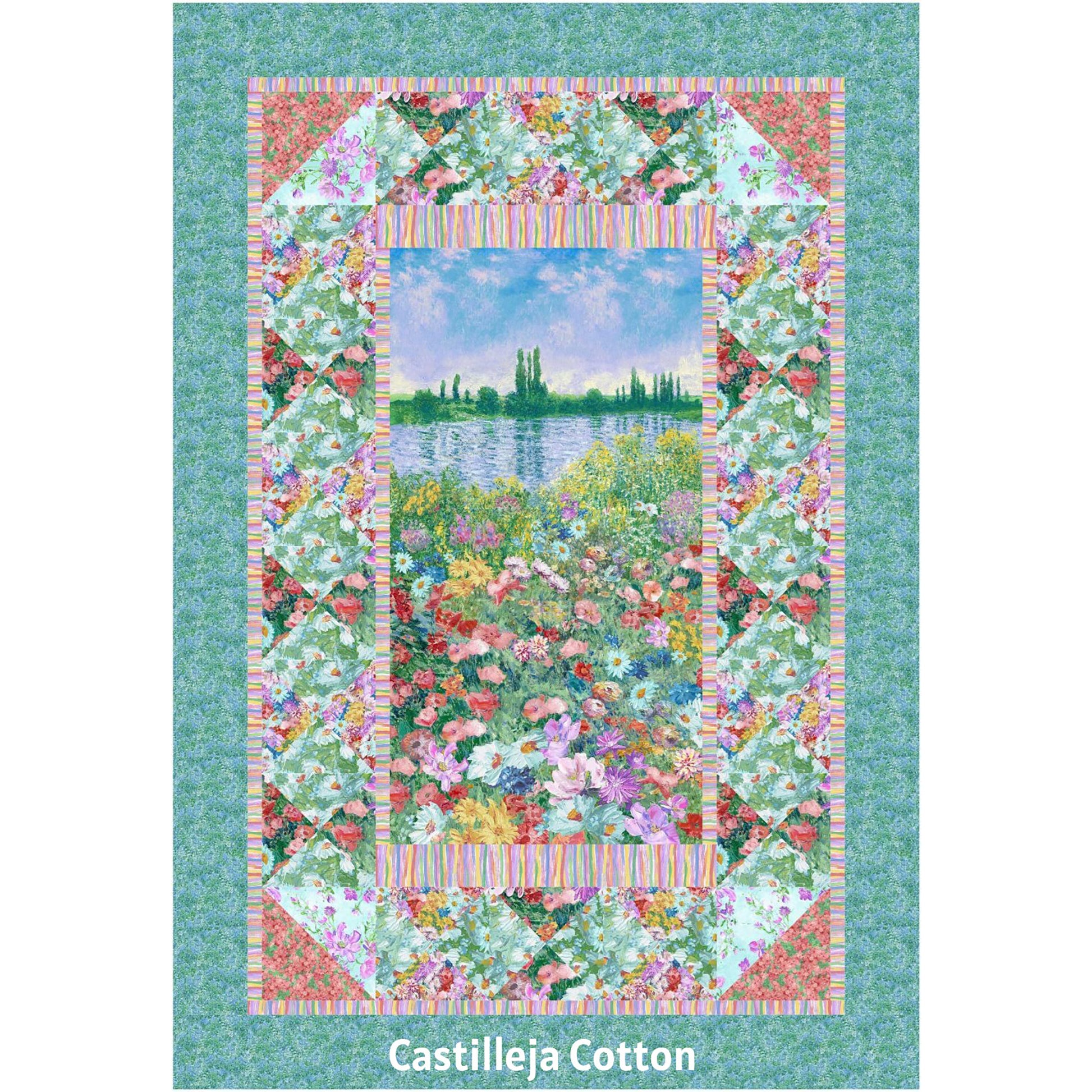 Blooming Impression quilt features a beautiful floral panel with a simple, pieced border.  The border has a lattice feel though they are just hourglass blocks.