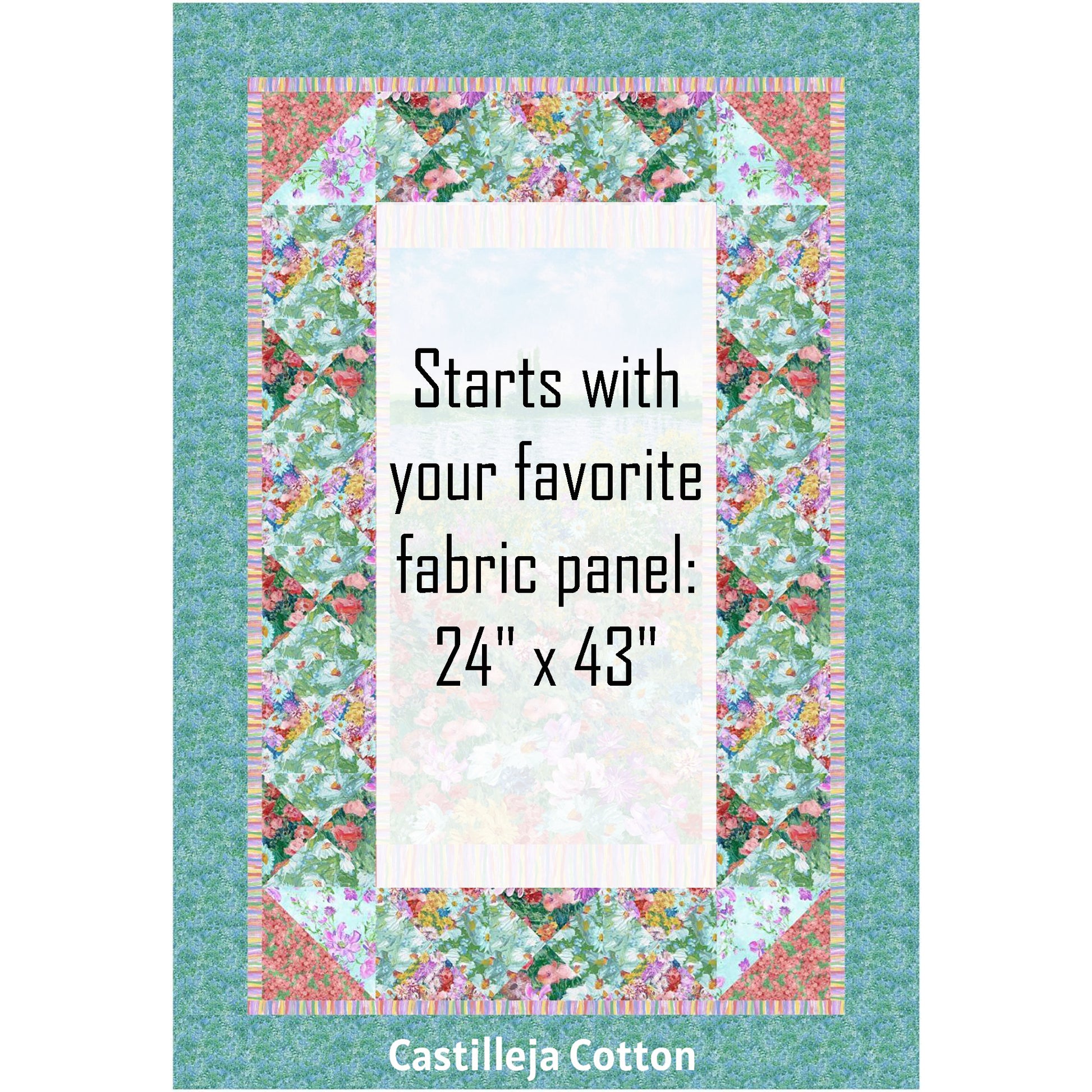 Blooming Impression quilt features a beautiful floral panel with a simple, pieced border.  The border has a lattice feel though they are just hourglass blocks. The panel has been made white so you can see where you would add your own fabric panel. Panel needed is 24 inches by 43 inches.