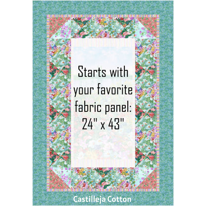 Blooming Impression quilt features a beautiful floral panel with a simple, pieced border.  The border has a lattice feel though they are just hourglass blocks. The panel has been made white so you can see where you would add your own fabric panel. Panel needed is 24 inches by 43 inches.