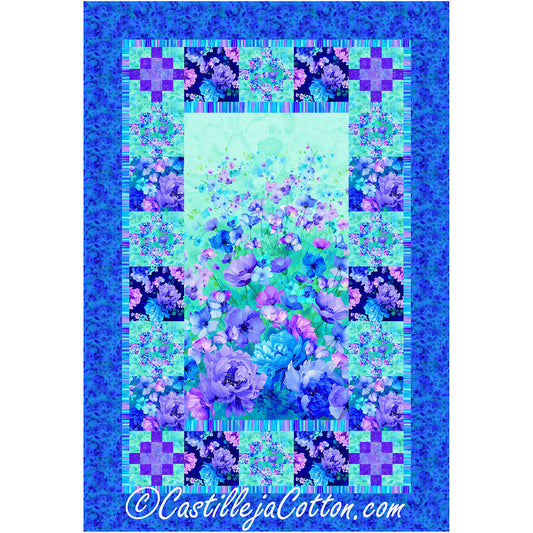 Beautiful Flowers quilt features a beautiful floral panel with a simple pieced border of blocks of matching fabric.
