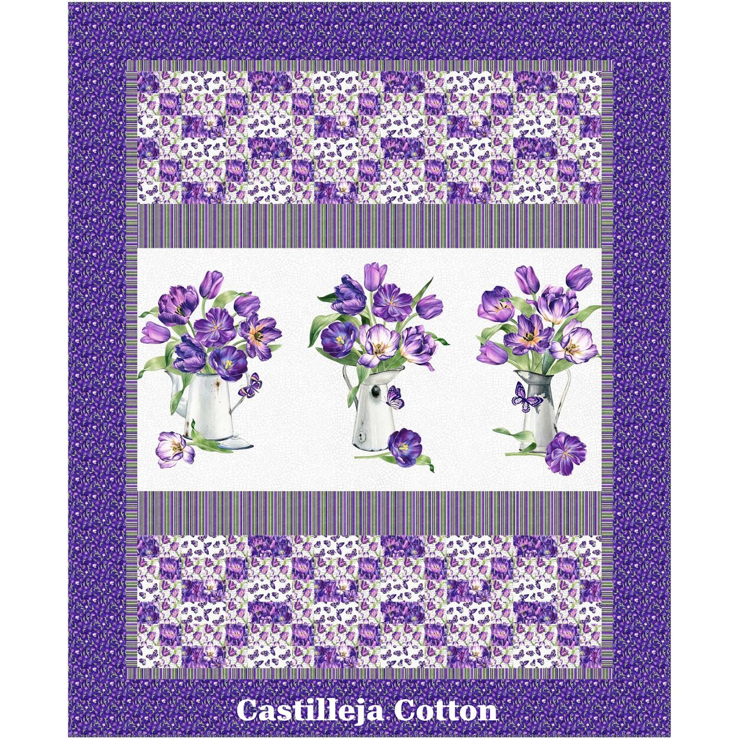 Tulips In Jars quilt features a tulip panel with simple 9-patch borders - with the fun bargello-feel border.