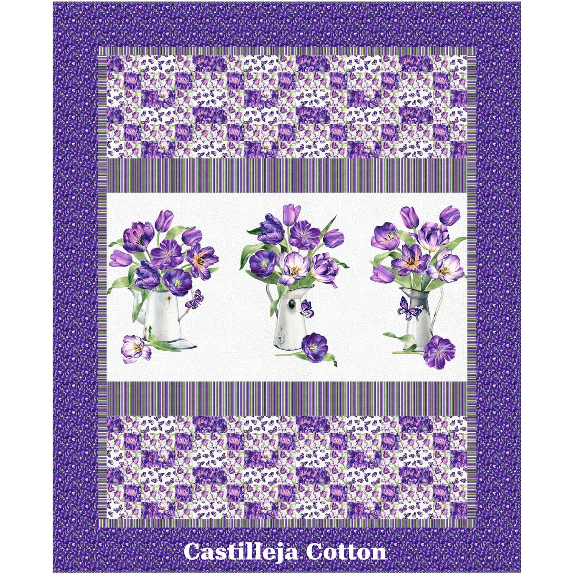 Tulips In Jars quilt features a tulip panel with simple 9-patch borders - with the fun bargello-feel border.